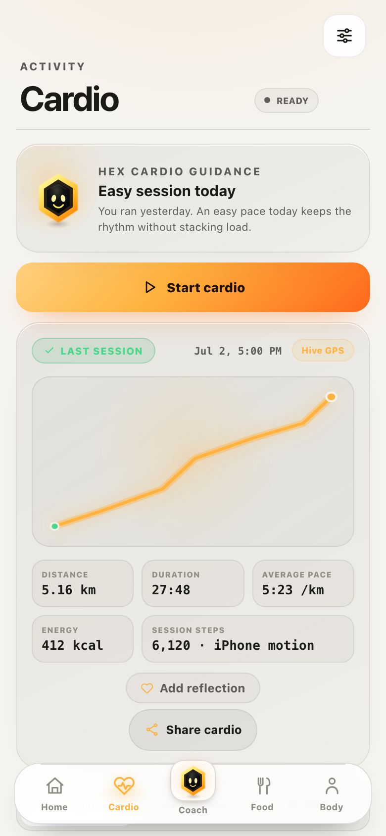 Hive Cardio screen with a saved run summary and route